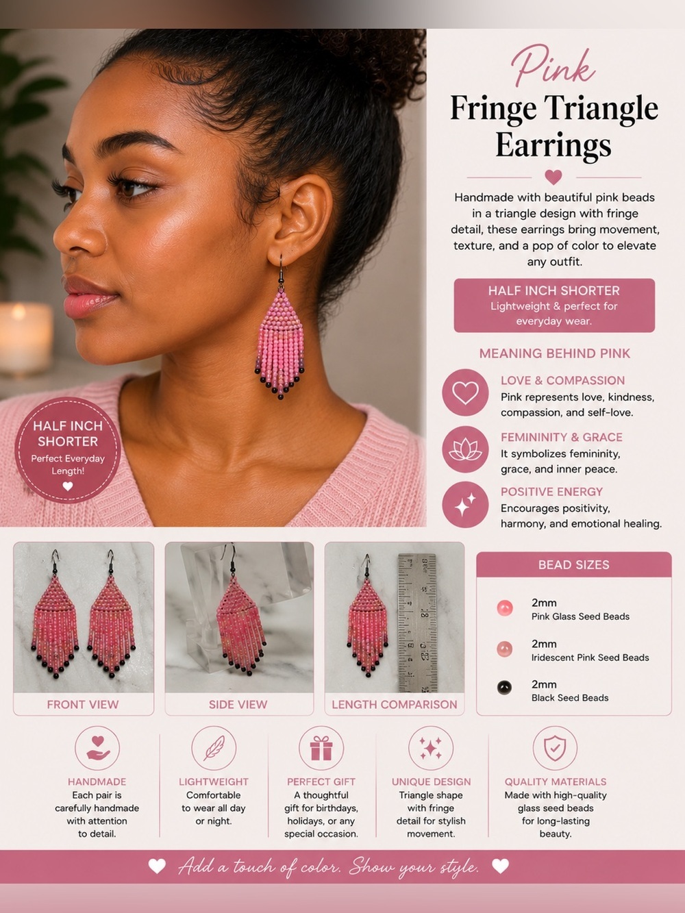 Pink Fringe Triangle Earrings